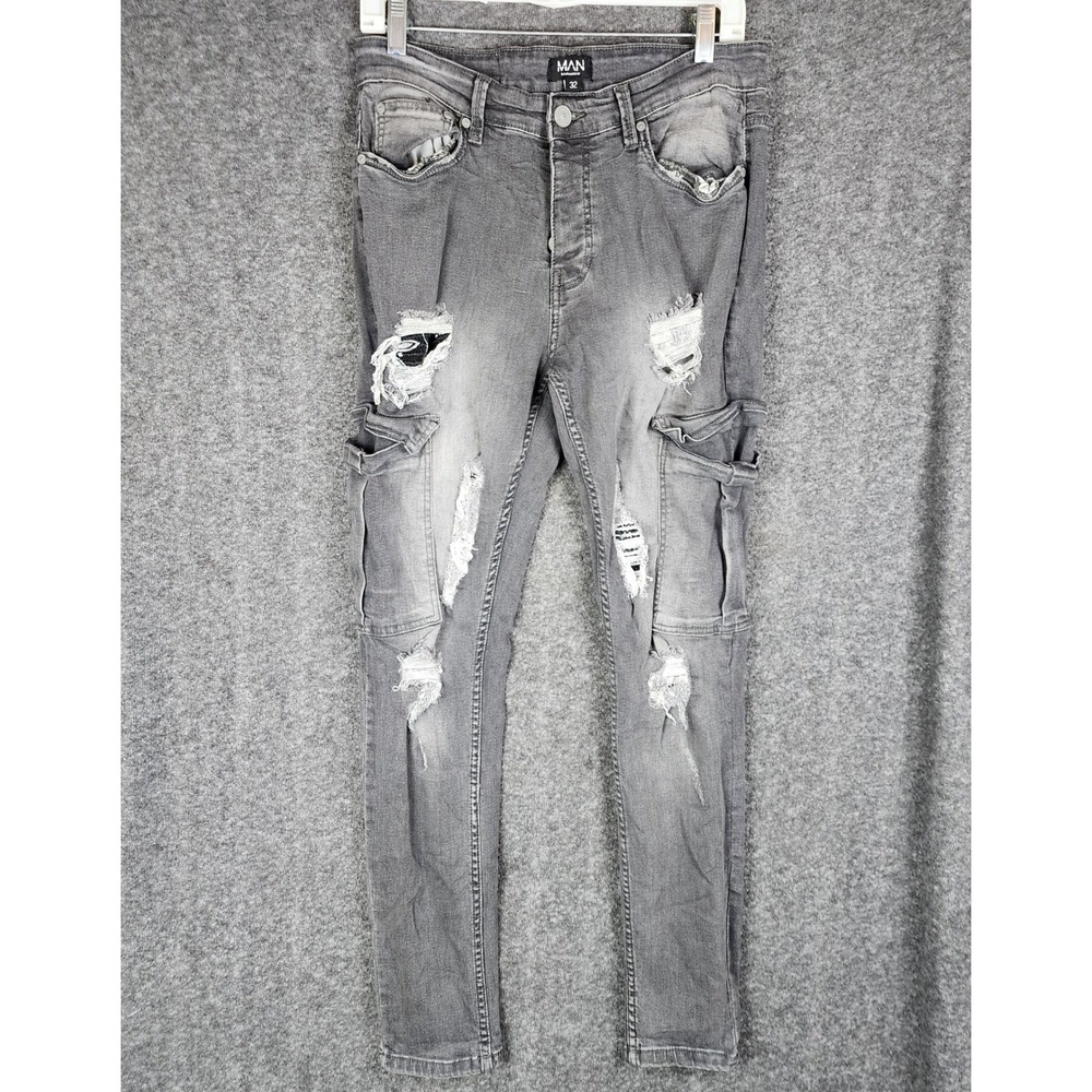 boohooMAN Cargo Jeans Mens 32 Grey Slim Distressed Ripped‎ Streetwear Denim